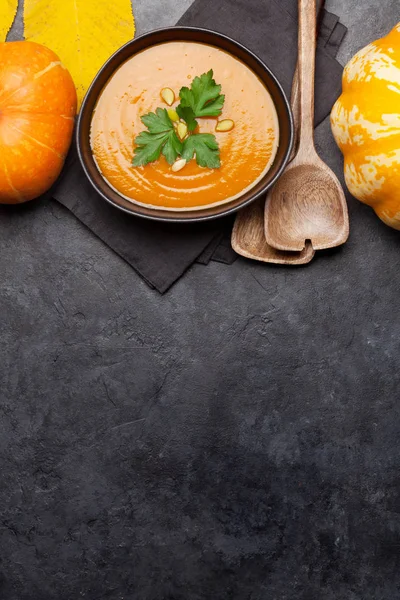 Pumpkin Vegetable Soup Stone Backdrop Top View Copy Space Flat — Stock Photo, Image