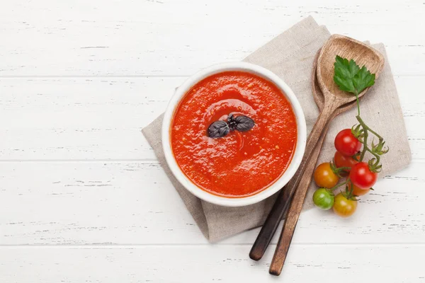 Tomato Gazpacho Soup Wooden Backdrop Top View Copy Space Flat — ストック写真