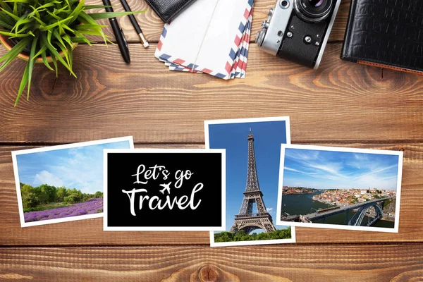 Concepto Viaje Con Fotos Cámara Pasaporte Vista Superior Plano Con — Foto de Stock