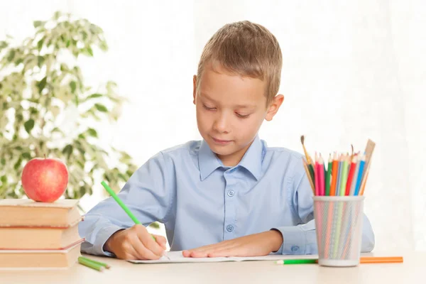 Young Schoolboy Sitting Table Doing Homework Elementary Education Concept — Stock Photo, Image