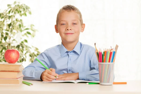 Young Schoolboy Sitting Table Doing Homework Elementary Education Concept — Stock Photo, Image