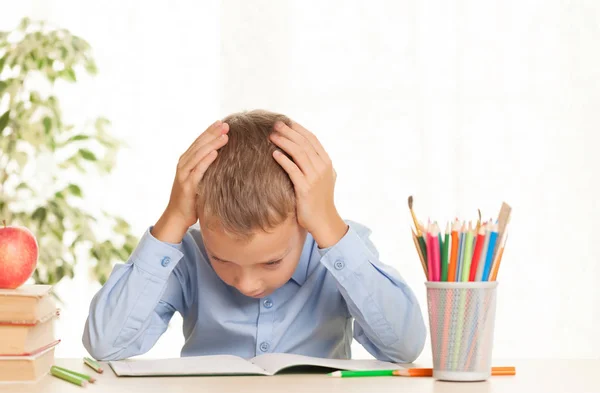 Young Schoolboy Sitting Table Doing Homework Elementary Education Concept — Stock Photo, Image