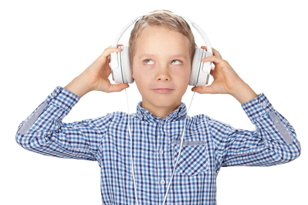 Fiatal Fiú Zenét Hallgat Fejhallgatóval Fehér Alapon Elszigetelve — Stock Fotó