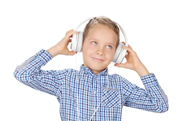 Młody Chłopak Słuchający Muzyki Słuchawkami Izolacja Białym Tle — Zdjęcie stockowe
