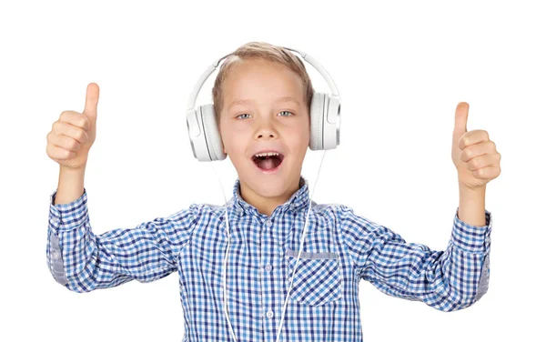 Niño Escuchando Música Con Auriculares Haciendo Pulgares Hacia Arriba Aislado — Foto de Stock