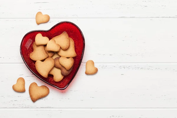 Valentines Day Heart Shaped Gingerbread Cookies Wooden Background Copy Space — 스톡 사진