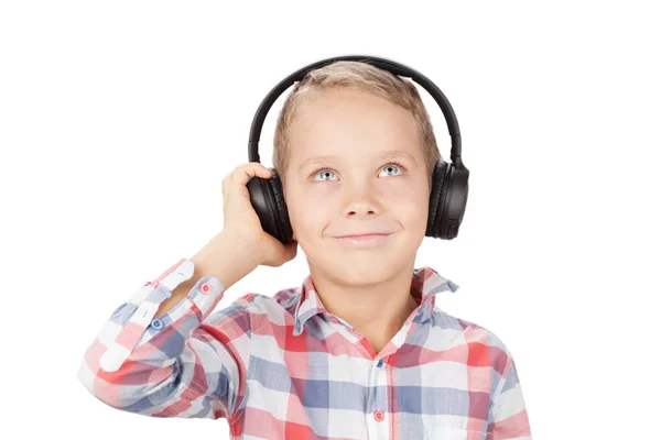 Young Boy Listening Music Headphones Isolated White Background Stock Photo