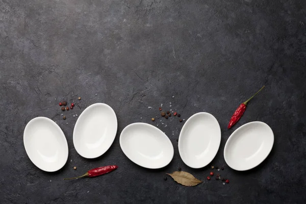 Set Empty Sauce Bowls Spices Dark Stone Table Top View — Stock Photo, Image