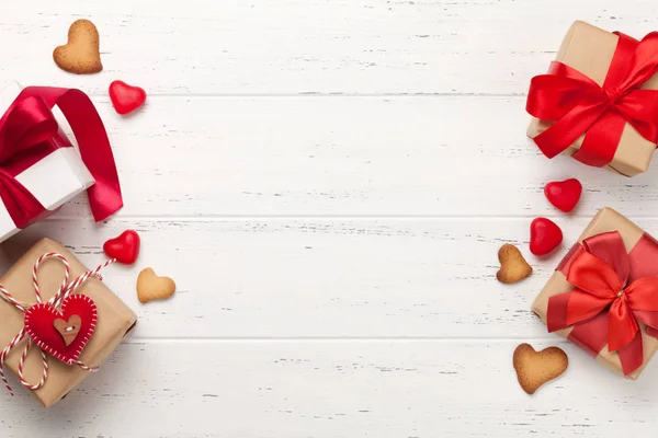 Вітальна Листівка День Святого Валентина Імбирним Печивом Формі Серця Подарунковими — стокове фото