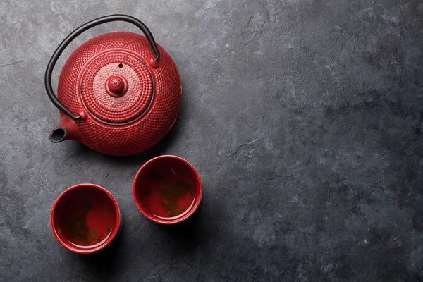 Japanese Tea Teapot Cups Stone Table Asian Food Concept Top — 스톡 사진