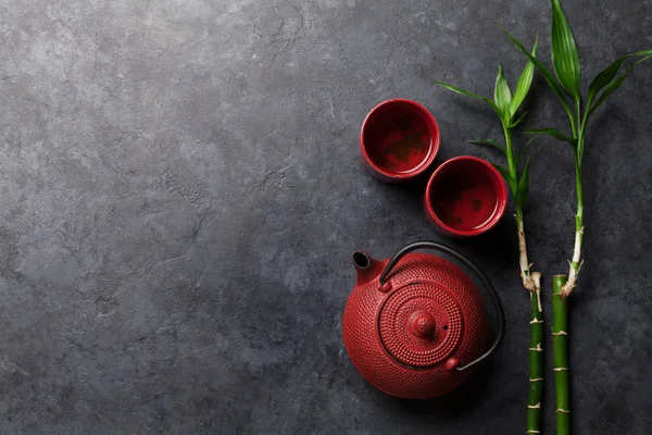 Japonés Tetera Tazas Mesa Piedra Concepto Comida Asiática Vista Superior —  Fotos de Stock