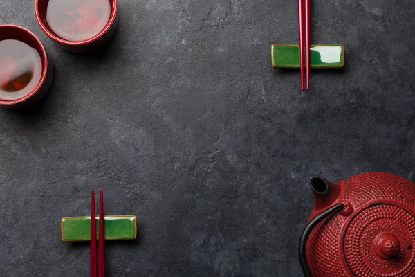 Japanese Tea Chopsticks Stone Table Asian Food Concept Top View — Stock Photo, Image