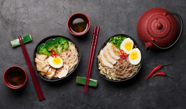 Asian Noodle Ramen Soup Chicken Vegetables Eggs Herbal Tea Stone — Stock Photo, Image