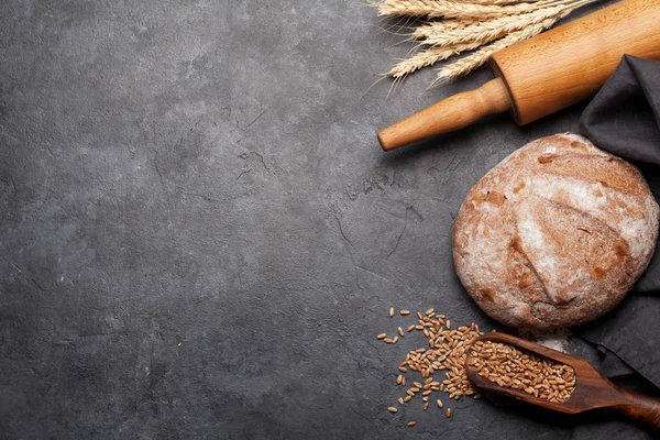 Bread Wheat Flour Stone Table Homemade Cooking Concept Top View — 스톡 사진