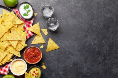 Çeşitli soslu Meksika cipsi. Guacamole, salsa, peynir ve ekşi krema. Üst görünüm düz taş masa üzerinde kopya alanı ile yatıyordu