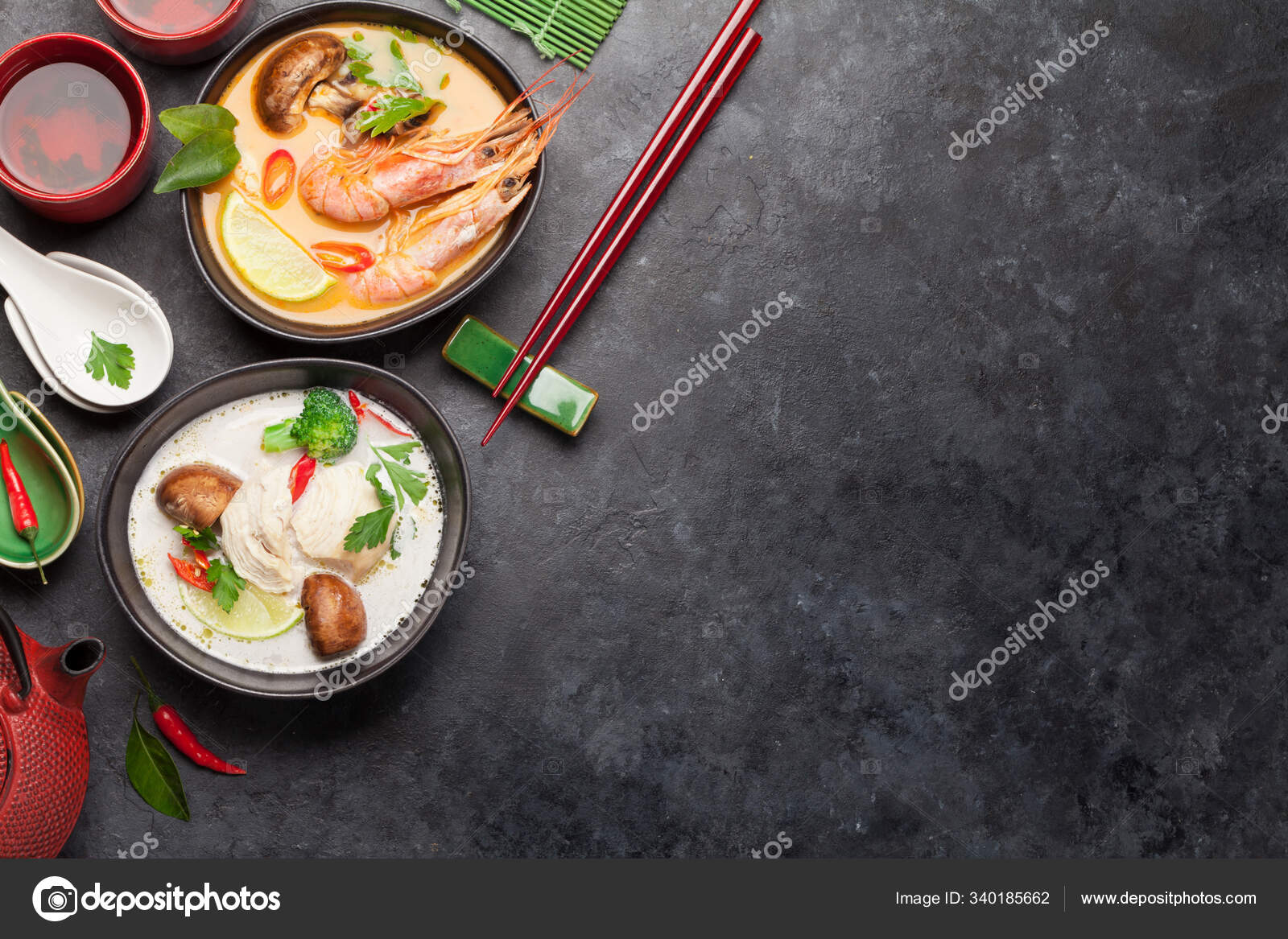 Tom Yum Tom Kha Traditional Thai Soups Seafood Chicken Mushrooms Stock