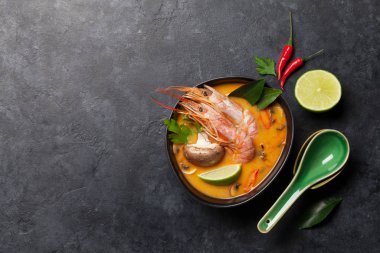 Tom Yum geleneksel Tayland çorbası deniz ürünleri, mantar, hindistan cevizi sütü ve sıcak baharatlı. Kopyalama alanı olan üst görünüm