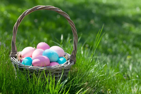 Yeşil Çayır Üzerinde Paskalya Yumurtası Sepeti Selamlarınız Için Kopyalama Alanı — Stok fotoğraf