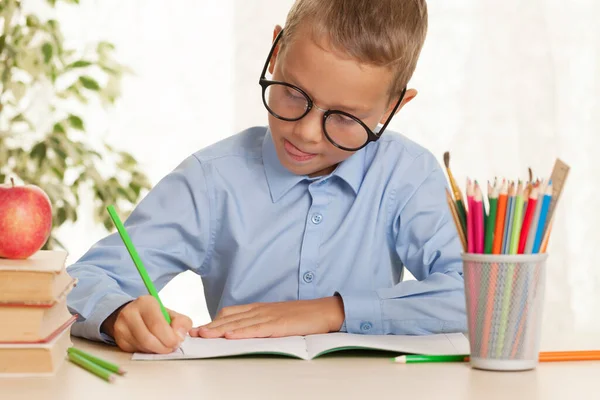 Young Schoolboy Sitting Table Doing Homework Elementary Education Concept — Stock Photo, Image