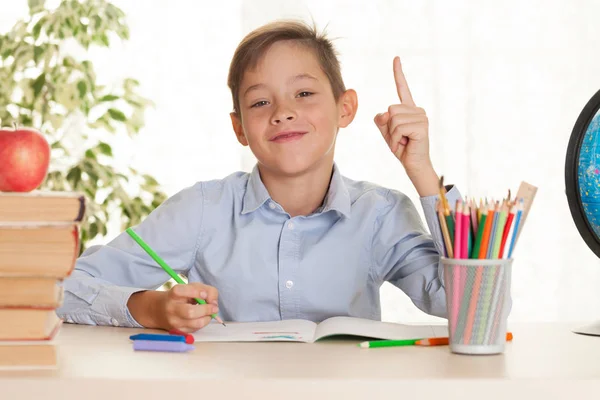 Young Schoolboy Sitting Table Doing Homework Elementary Education Concept — Stock Photo, Image