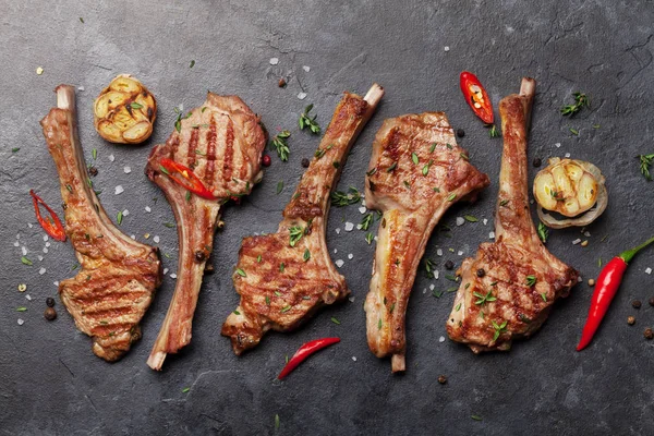 Grilled Lamb Ribs Hot Rack Lamb Spices Condiments Top View — 스톡 사진