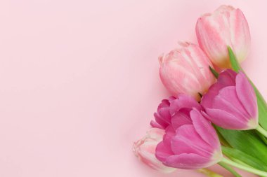 Renkli lale çiçekleriyle dolu Paskalya tebrik kartı. Üst görünüm düzlüğü kopyalama alanı ile yatıyordu