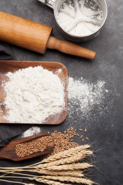 Çeşitli ekmek malzemeleri. Buğday, un ve pişirme aletleri taş masada. Üst görünüm düzlüğü