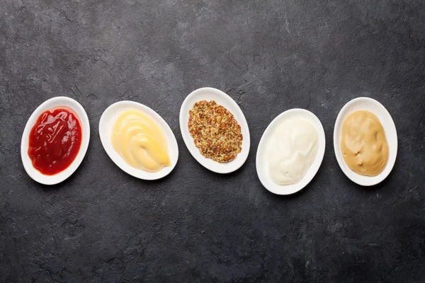 Set Various Sauces Popular Sauces Bowls Ketchup Mustard Mayonnaise Dark — ストック写真