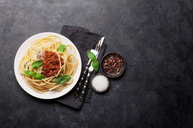 Domates ve kıyma sosu, parmesan peyniri ve taze fesleğen ile spagetti bolonez makarna. Kopyalama alanı ile üstte görünüm