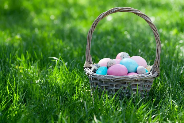 Cesto Uova Pasqua Prato Erboso Verde Con Spazio Vostri Saluti — Foto Stock