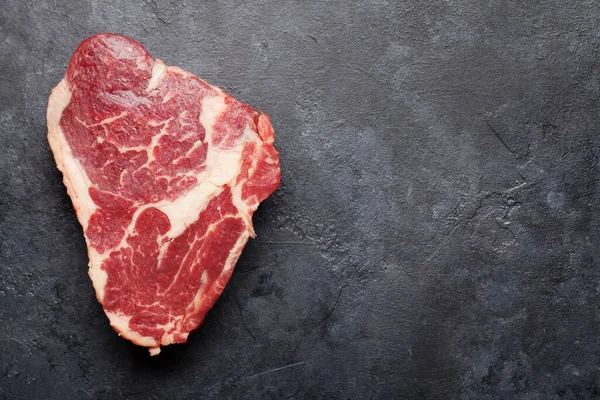 Ribeye Fresh Raw Beef Steak Stone Board Top View Flat — Stock Photo, Image