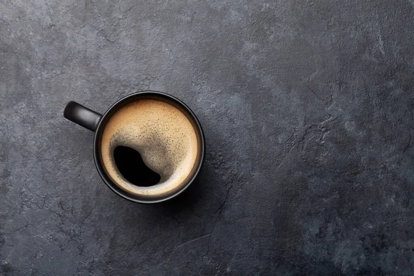 Coffee Cup Dark Stone Table Top View Copy Space Flat — Stock Photo, Image