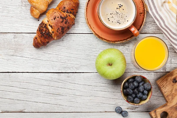 Breakfast Coffee Orange Juice Croissant Top View Wooden Table Flat — Stock Photo, Image
