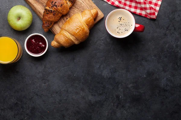 Breakfast Coffee Orange Juice Jam Croissant Top View Stone Table — Stock Photo, Image