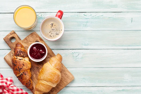 Breakfast Coffee Orange Juice Jam Croissant Top View Wooden Table — Stock Photo, Image