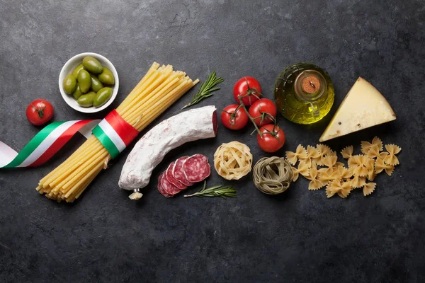 Italian Cuisine Food Ingredients Pasta Cheese Salami Olives Tomatoes Top — Stock Photo, Image