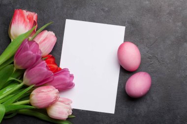 Paskalya tebrik kartında paskalya yumurtaları ve lale çiçekleri var. Üst görünüm düzlüğü kopyalama alanı ile yatıyordu