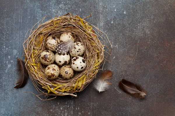 Pasen Wenskaart Met Kwarteleitjes Nest Stenen Achtergrond Bovenaanzicht Plat Lag — Stockfoto