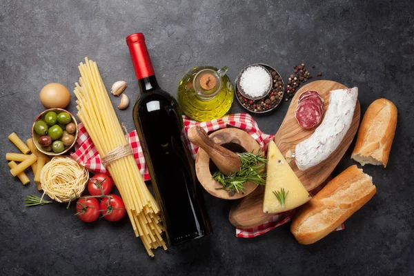 Italian Cuisine Food Ingredients Pasta Cheese Salami Olives Wine Top — Stock Photo, Image