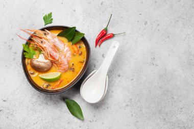 Tom Yum geleneksel Tayland çorbası deniz ürünleri, mantar, hindistan cevizi sütü ve sıcak baharatlı. Kopyalama alanı olan üst görünüm
