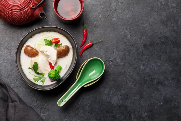 Tom Kha Traditional Thai Soup Chicken Mushrooms Coconut Milk Hot — Stock Photo, Image