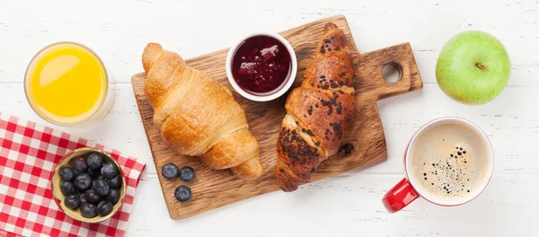 Breakfast Coffee Orange Juice Croissant Top View Wooden Table Flat — Stock Photo, Image