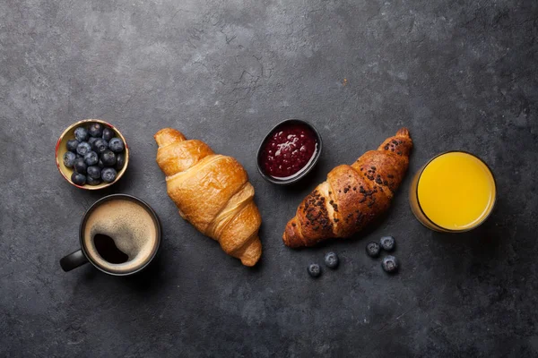 Breakfast Coffee Orange Juice Croissant Top View Stone Table Flat — Stock Photo, Image