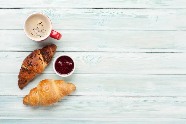 Breakfast Coffee Croissants Top View Wooden Table Flat Lay Copy — Stock Photo, Image