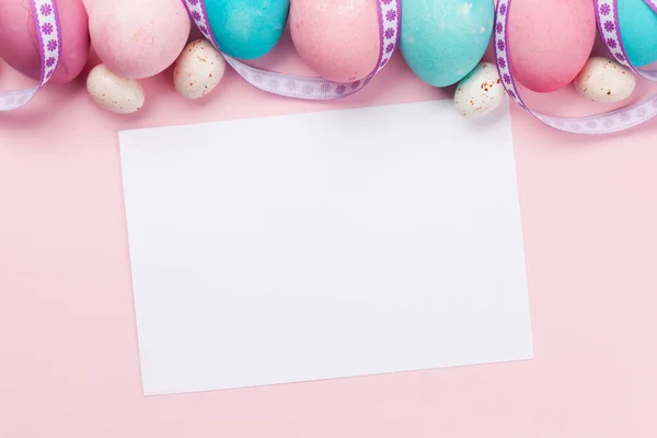 Easter Greeting Card Colorful Easter Eggs Pink Background Top View — Stock Photo, Image