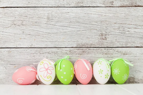 Easter Greeting Card Colorful Easter Eggs Front Wooden Wall Space — Stock Photo, Image