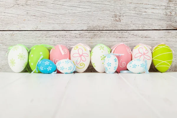 Easter Greeting Card Colorful Easter Eggs Front Wooden Wall Space — Stock Photo, Image