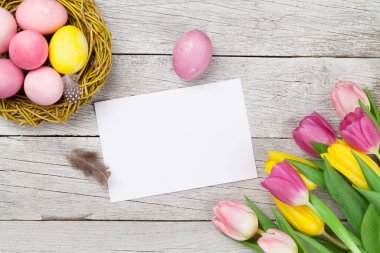 Paskalya tebrik kartı, üzerinde paskalya yumurtaları ve lale çiçekleri var. Üst görünüm düzlüğü kopyalama alanı ile yatıyordu