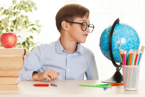 Young Schoolboy Sitting Table Doing Homework Elementary Education Concept — Stock Photo, Image