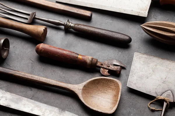 Utensili Cucina Vintage Macelleria Coltello Forchetta Tavola Pietra — Foto Stock